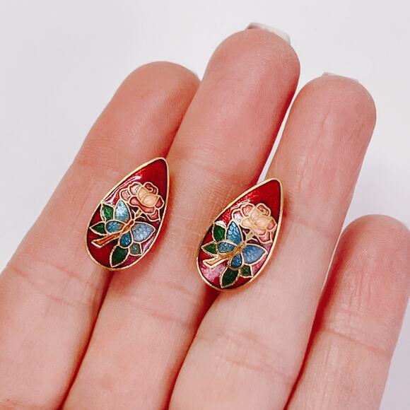 Vintage Cloisonne Red Enamel Butterfly Floral Gold Tone Clip On Earrings - Picture 4 of 10